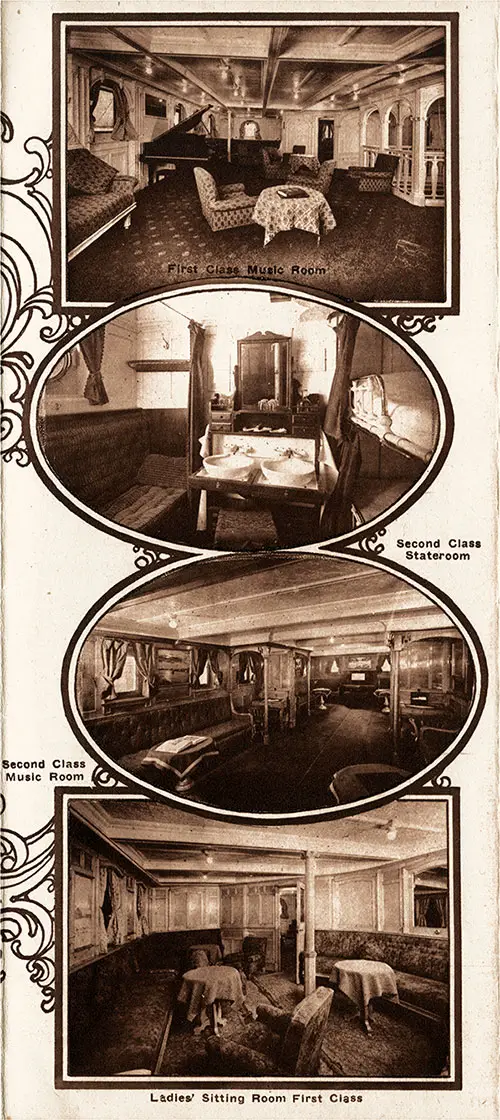 Top to Bottom: First Class Music Room, Second Class Stateroom, Second Class Music Room, and First Class Ladies' Sitting Room.