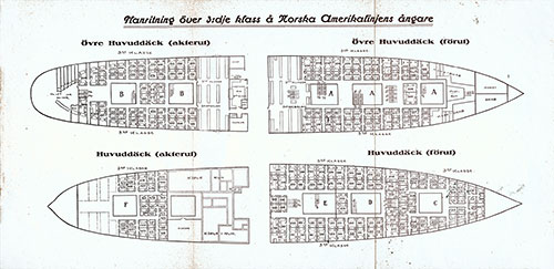 Floor plan over the 3rd class of the Norwegian American Line steamers
