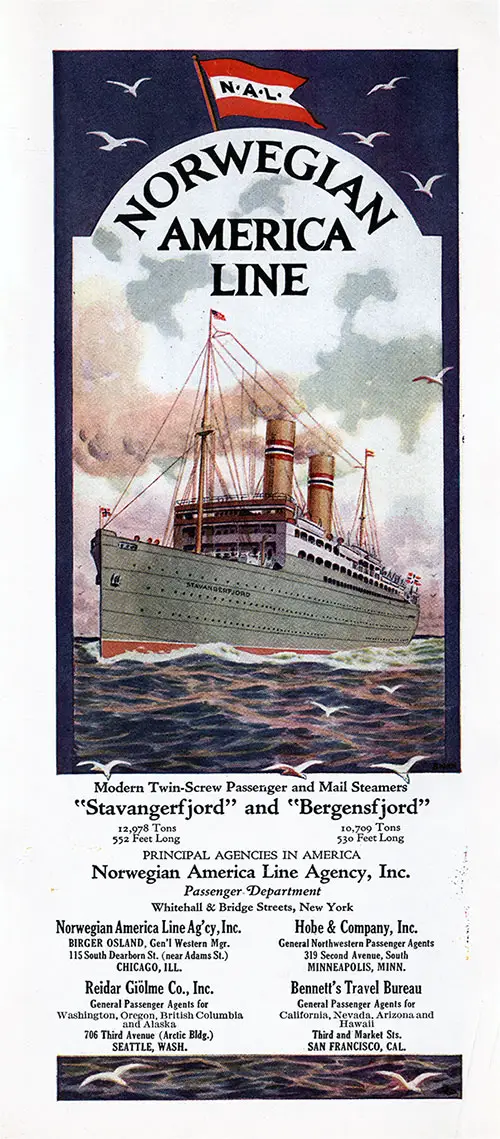 Title Page Featuring a Painting of the Modern Twin-Screw Passenger and Mail Steamers "Stavangerfjord" (12,078 Tons, 552 Feet Long).