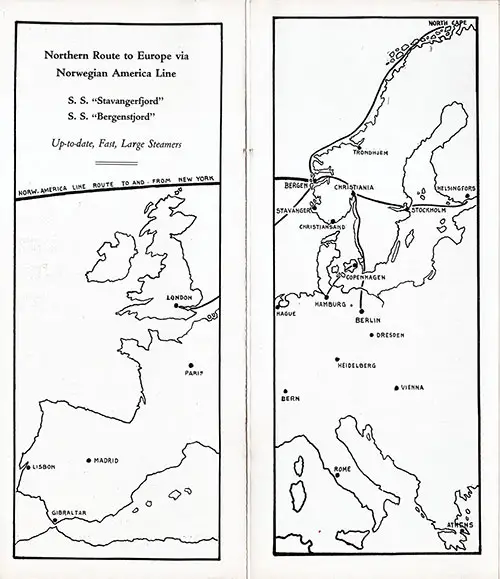 Map of Northern Route to Europe via Norwegian America Line.