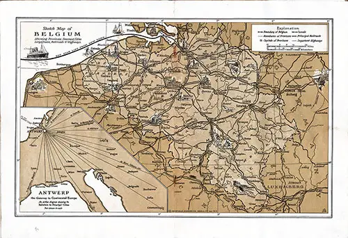 Sketch Map of Belgium Showing Provinces, Seacoast, Cities, Large Town, Railroads, and Highways.