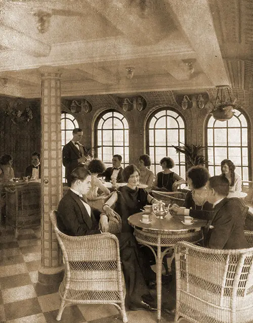 First Class Passengers Enjoy Socializing in the Verandah-Café — a Summer Garden.