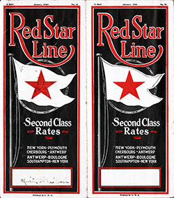 Brochure Cover, Red Star Line Second Class Rates