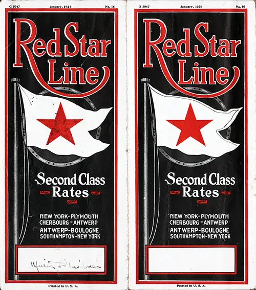 Brochure Cover, Red Star Line Second Class Rates