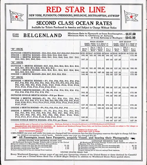 Red Star Line Second Class Ocean Rates Available for Tickets Purchased in America for the SS Belgenland.