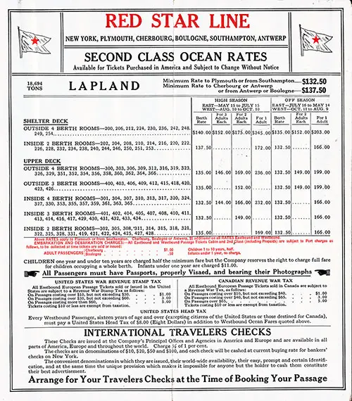 Red Star Line Second Class Ocean Rates Available for Tickets Purchased in America for the SS Lapland.