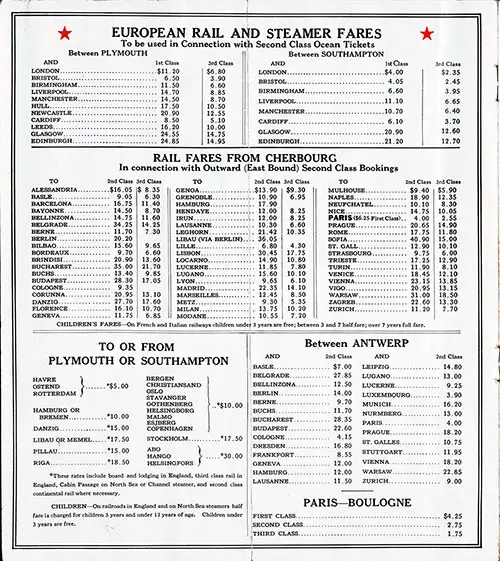 European Rail and Steamer Fare Schedule Effective January 1926