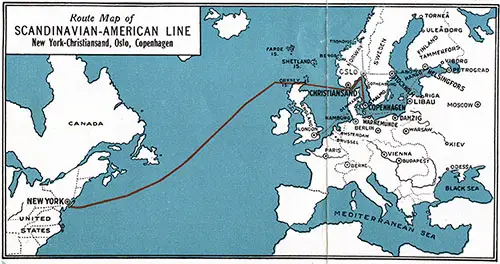 Route Map of the Scandinavian American Line. New York-Kristiansand-Oslo-Copenhagen.