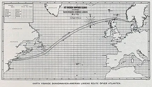 Karta Visande Skandinavien-Amerika Liniens Route Öfver Atlanten.