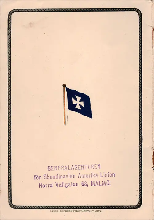 Bakstycket, 1912 Broschyr "Skandinavien till Amerika", från den Skandinavien-Amerika Linien.