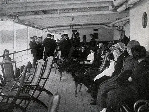 A Band Plays on the Second Cabin Promenade Deck on the SS Hellig Olav of the Scandinavian-American Line, 1917.
