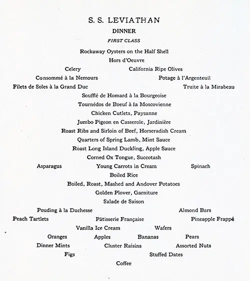 Sample First Class Dinner Menu on the SS Leviathan.