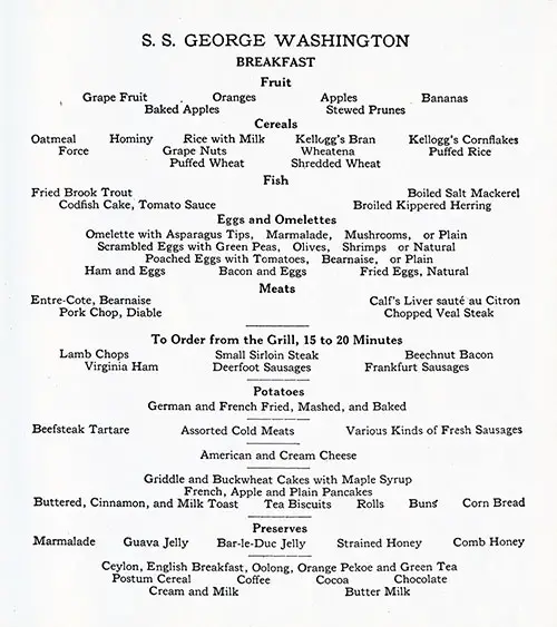 Sample First Class Breakfast Menu from the SS George Washington.