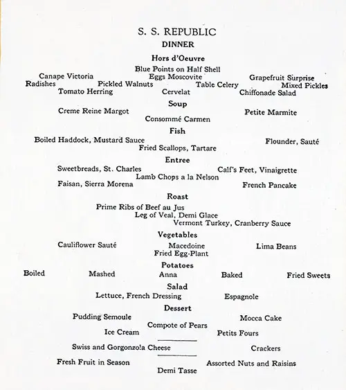 Sample Cabin Class Dinner Menu from the SS Republic.