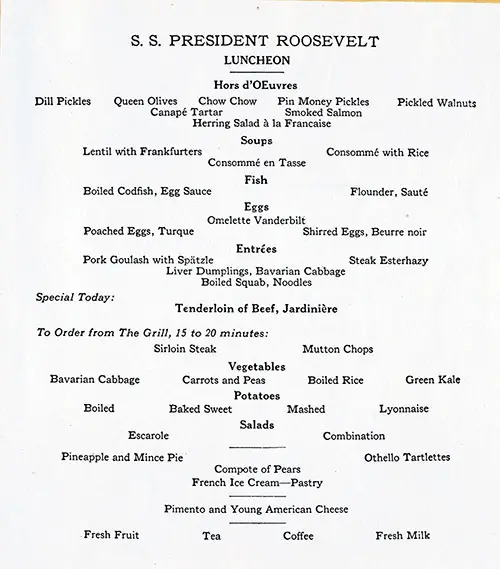 Sample Cabin Class Luncheon Menu from the SS President Roosevelt.