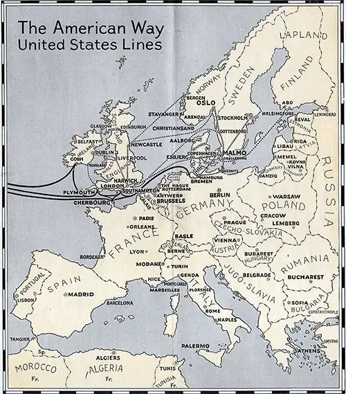 The United States Lines Route Map - The American Way to Europe, 1924.