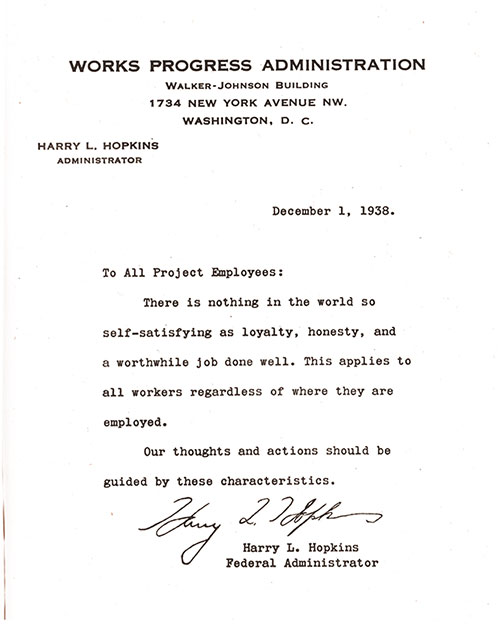 Letter of Introduction, Harry L. Hopkins, Federal Administrator, Works Progress Administration, 1 December 1938.