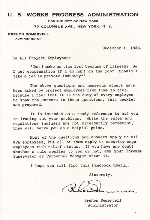 Letter of Introduction, Brehon Somervell, Administrator, US Works Progress Administration for the City of New York dated 1 December 1938.