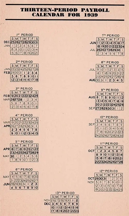 Thirteen-Period Payroll Calendar for 1939.