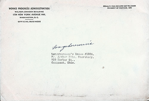 Mailing Envelope, Our Job with the WPA 1937 - Longshoreman's Union, Connecut, OH.