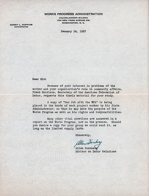 Our Job with the WPA, Allen Forsberg Transmittal Letter, 14 January 1937.