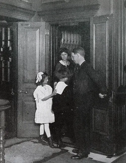 Passenger Elevator on a White Star Line Ocean Liner circa 1909.