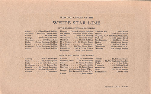 Principal Offices and Agencies of the White Star Line.