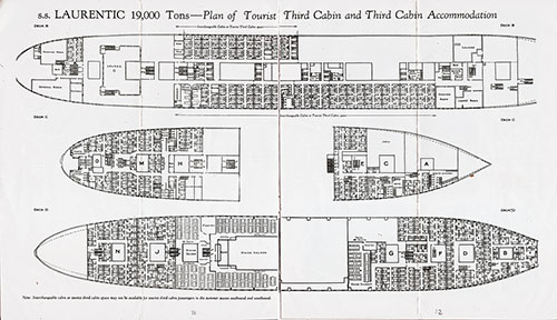 Plan of Tourist Third Cabin and Third Cabin Accommodation for the SS Laurentic of the White Star Line Canadian Service.