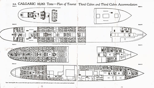 SS Calgaric, 16,063 Tons, Plan of Tourist Third Cabin and Third Cabin Accommodations.