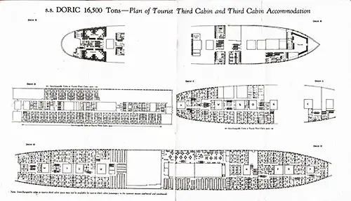 SS Doric, 16,500 Tons, Plan of Tourist Third Cabin and Third Cabin Accomodation.