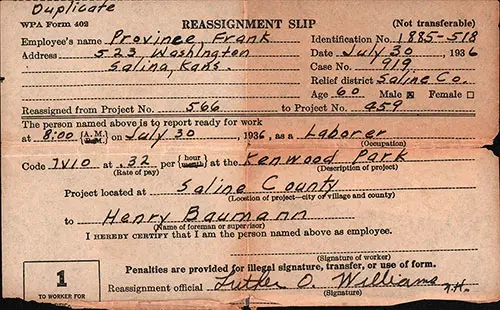 Copy 1, WPA Form 402 Reassignment Slip Issued on Behalf of Frank Province, Laborer, for a WPA Project Located at Kenwood Park in Saline County, 30 July 1936.