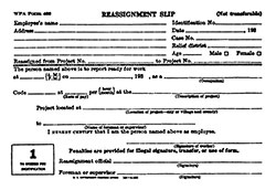 WPA Form 402 Reassignment Slip, Copy 1 (To Worker for Identification), Works Progress Administration, 1936