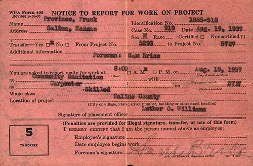 WPA Form 402 (Revised 1936-08-15) Notice to Report for Work on Project, Part 5 To Worker, Issued to Frank Province on 19 August 1937