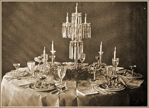 Christmas Dinner Table, Showing Lobster Cocktail Service, With Graham and White Bread Sandwiches.