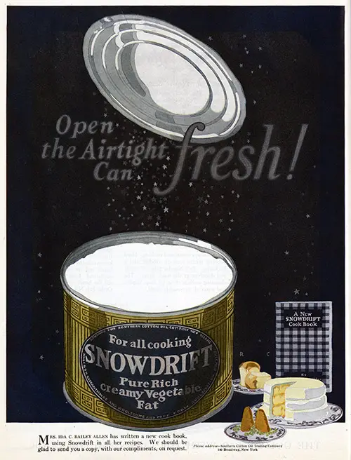 Advertisement: Showdrift Pure Rich Creamy Vegetable Fat Featuring Their New Snowdrift Cook Book.