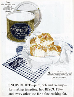 Advertisement: Showdrift Pure Rich Creamy Vegetable Fat for Making Tempting, Hot Biscuits.