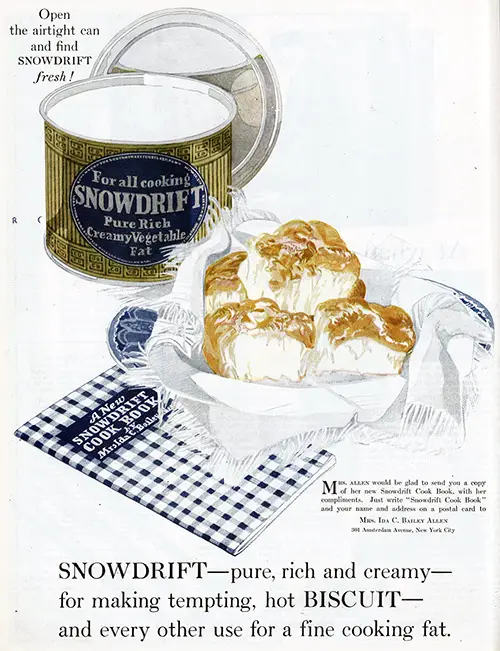 Advertisement: Showdrift Pure Rich Creamy Vegetable Fat for Making Tempting, Hot Biscuits.
