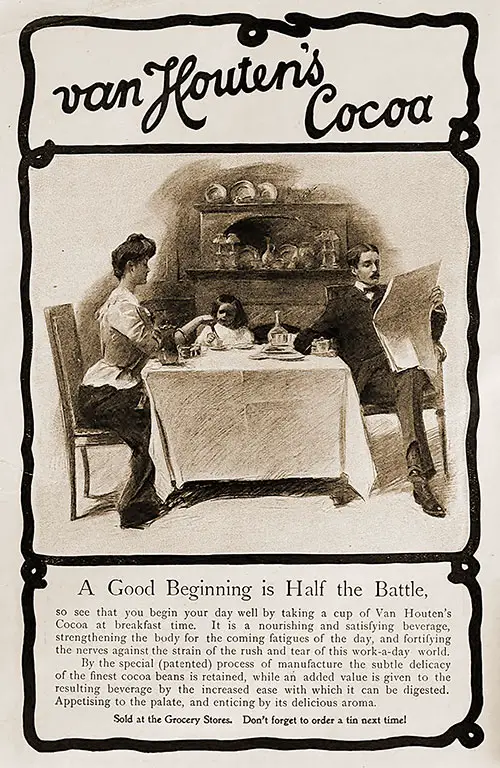 Advertisement: Van Houten's Cocoa -- A Good Beginning is Half the Battle, 1901.