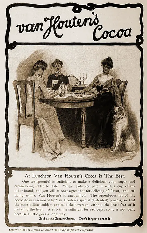 Advertisement: Van Houten's Cocoa -- At Luncheon is The Best, 1901.