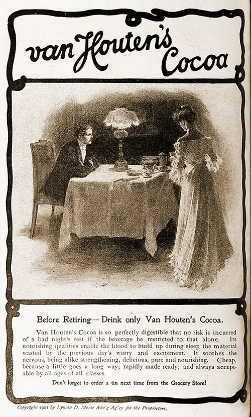 Advertisement: Van Houten's Cocoa -- Before Retiring, 1901.