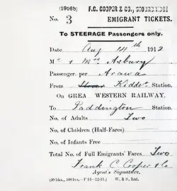 Great Western Railway Emigrant Ticket - United Kingdom: Kidderminser to Paddington Station, 14 August 1912.