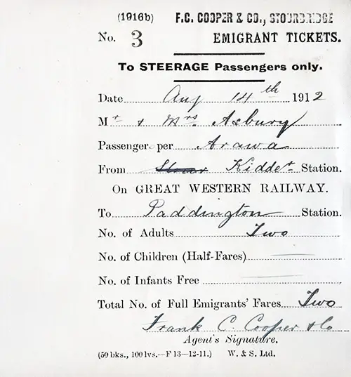 Emigrant Railway Ticket - United Kingdom: Kidderminser to Paddington Station - 1912.
