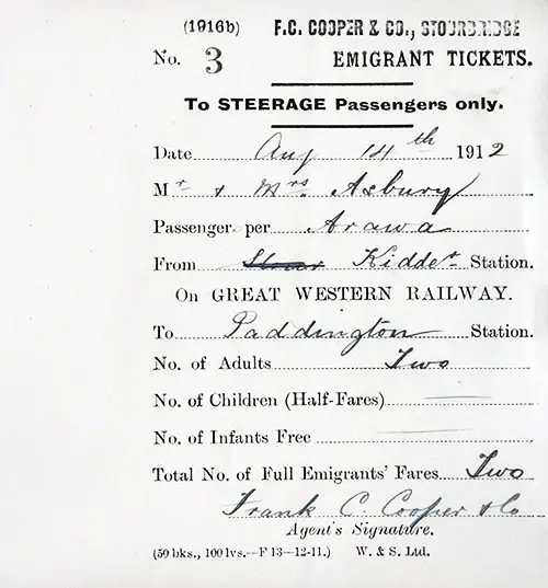 Great Western Railway Emigrant Ticket - United Kingdom: Kidderminser to Paddington Station, 14 August 1912.