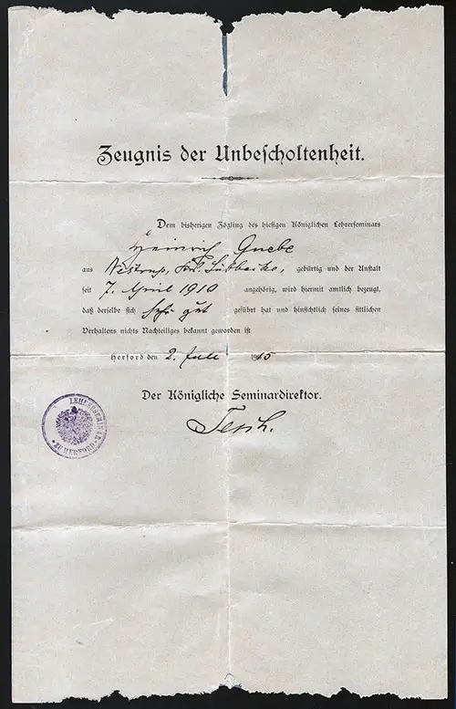 German Document "Zeugnis der Unbescholtenheit" or Certificate of Innocence, dated 2 July 1915.