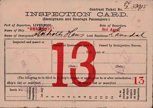 Front Side, Inspection Card for Immigrant and Steerage Passengers, for Norwegian Immigrant Hans Johansen Røsholt of Rårdal, Norway.
