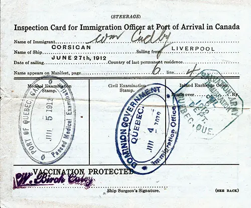Steerage Passenger Inspection & Vaccination Card - Canadian Port of Entry (Quebec) - 1912.