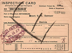 Front Side of Inspection Card - Swedish Immigrant (1923)