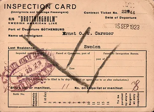 Front Side of Inspection Card - Swedish Immigrant (1923)