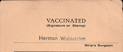 SS Drottningholm Ship's Surgeon attests to immigrants vaccination.