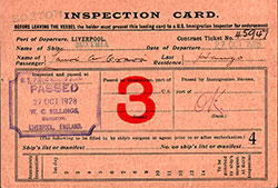 Front Side of US Immigration Inspection Card, Norwegian Immigrant, Lauri A. Grava from Haugo, Voss, Norway, Contract Ticket No. 45947, Departing from Liverpool on the RMS Scythia of the Cunard Line on 27 October 1928.